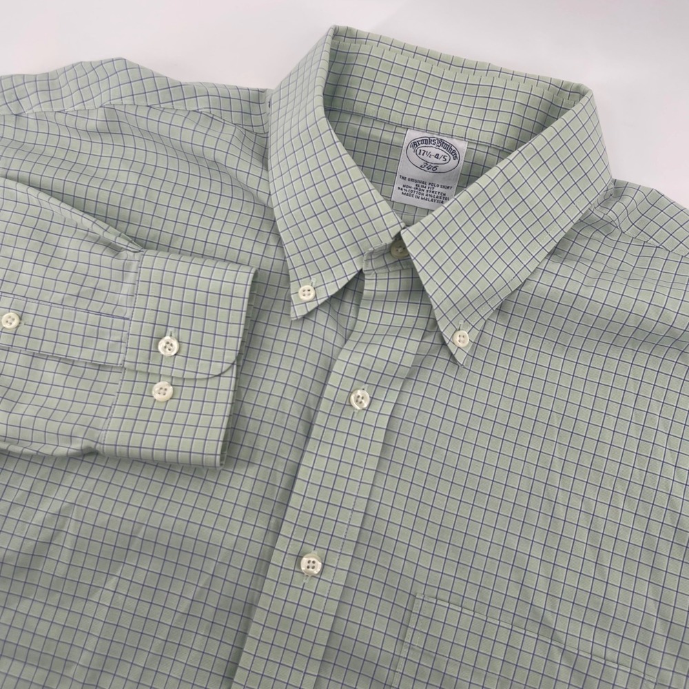 Brooks Brothers 346 Shirt Mens 17.5 34/35 Green Tattersall Slim Fit Non-Iron